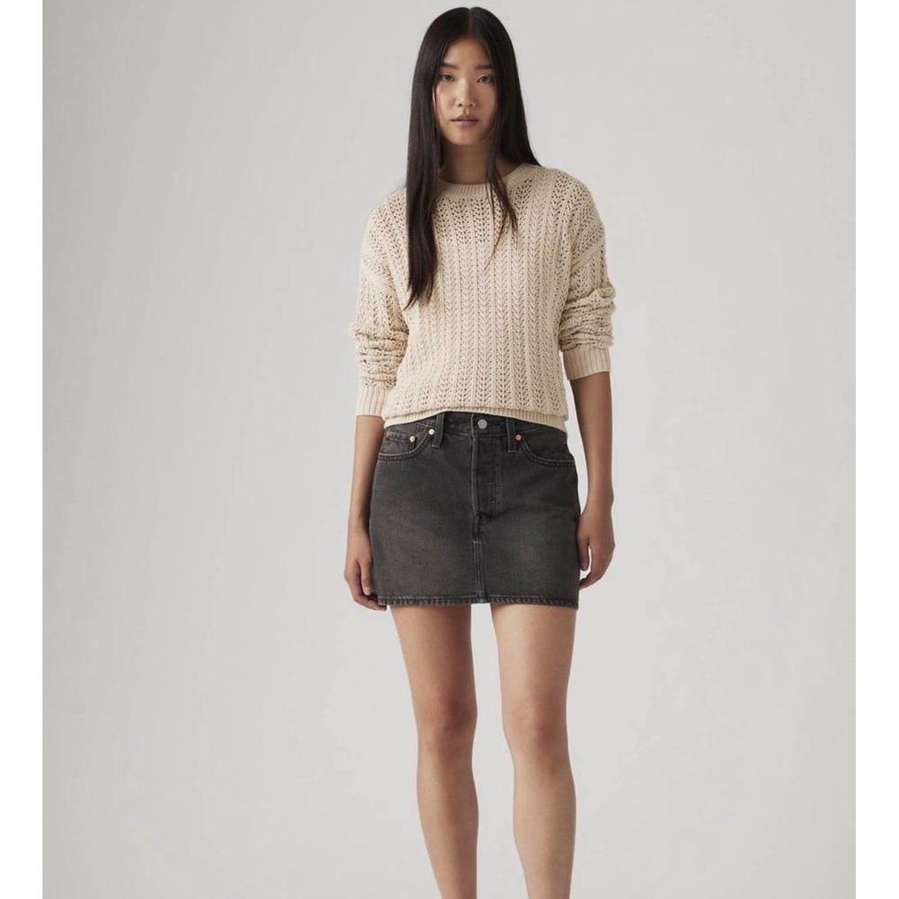 Levis Icon Skirt Womens 25 Faded Black Denim High Rise Button Fly Mini Skirt